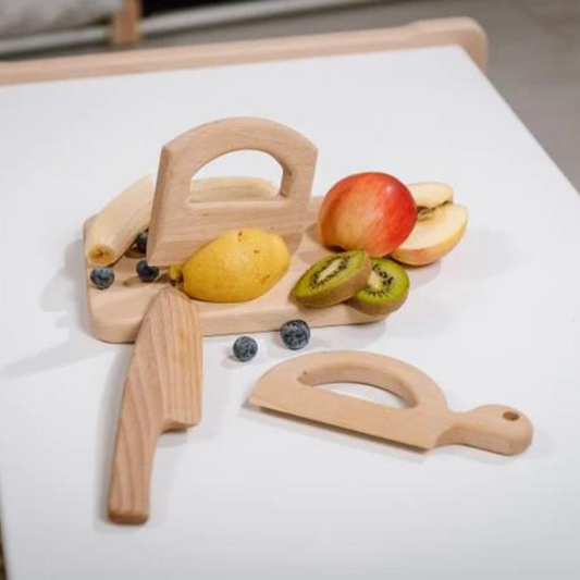 Ensemble de 3 couteaux Montessori en bois avec planche WOODJOY