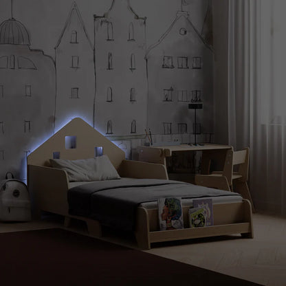 Lit extensible en forme de maison avec éclairage LED BUSYKIDS