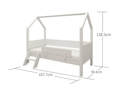 Lit junior avec structure de cabane, barrière de sécurité et échelle FLEXA